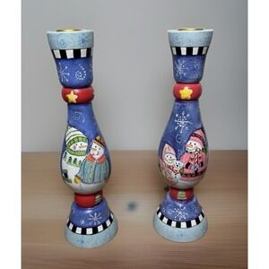 1999 Brother Sister Wood Candle Stick Holders Snowmen Vintage Debra Jordan Bryan